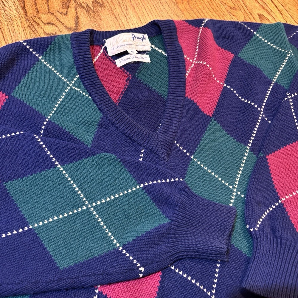Vintage Pringle Sports Argyle V Neck Sweater Mens M 100% Cotton Golf‎ Preppy